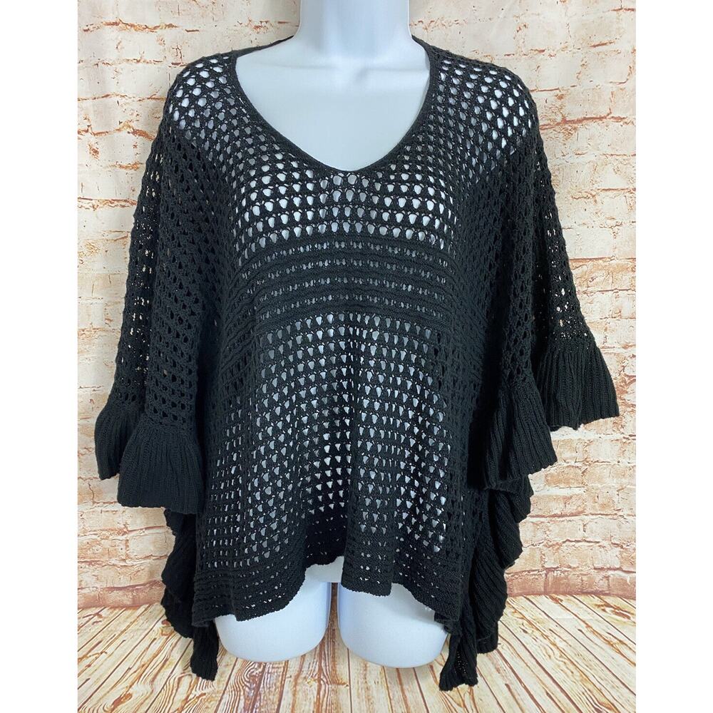 Kensie Black Pullover Crochet Sweater Sz XS Oversized Ruffled Sides Semi Sheer